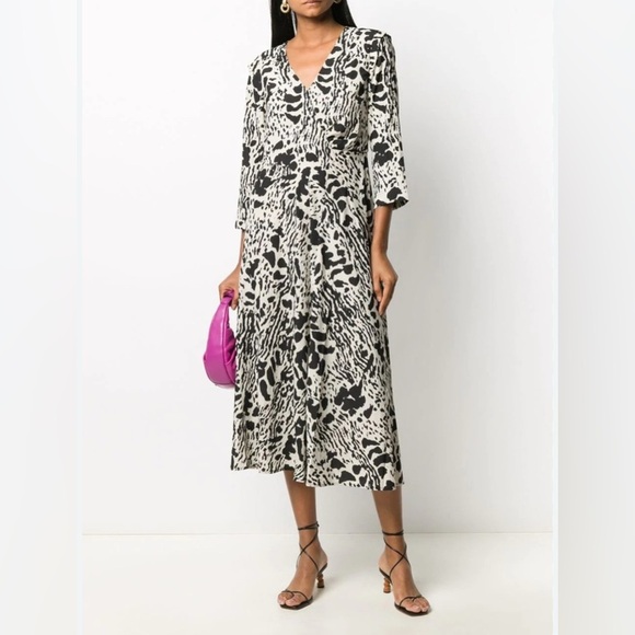 BA&SH Olga Abstract-print midi Dress In Ecru - Picture 1 of 15